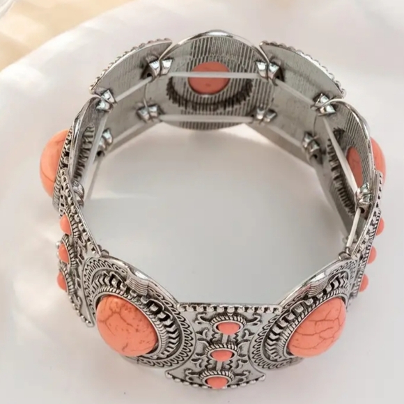 NEW Western Silver Coral Salmon Chunky Summer Bangle Gift Bracelet-(#0156) - Picture 2 of 3